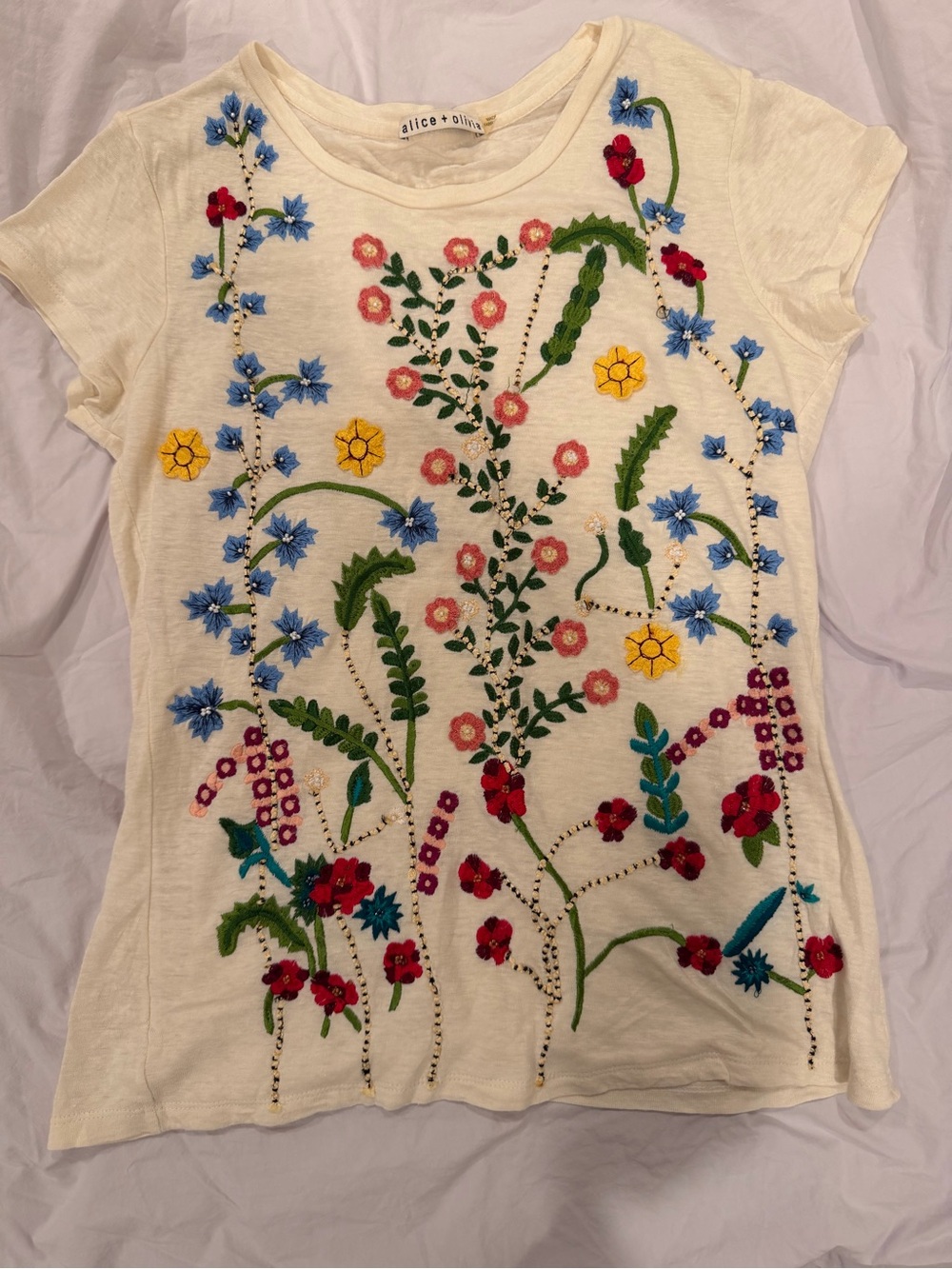 Alice + Olivia Cream Tee with Floral Embroidery